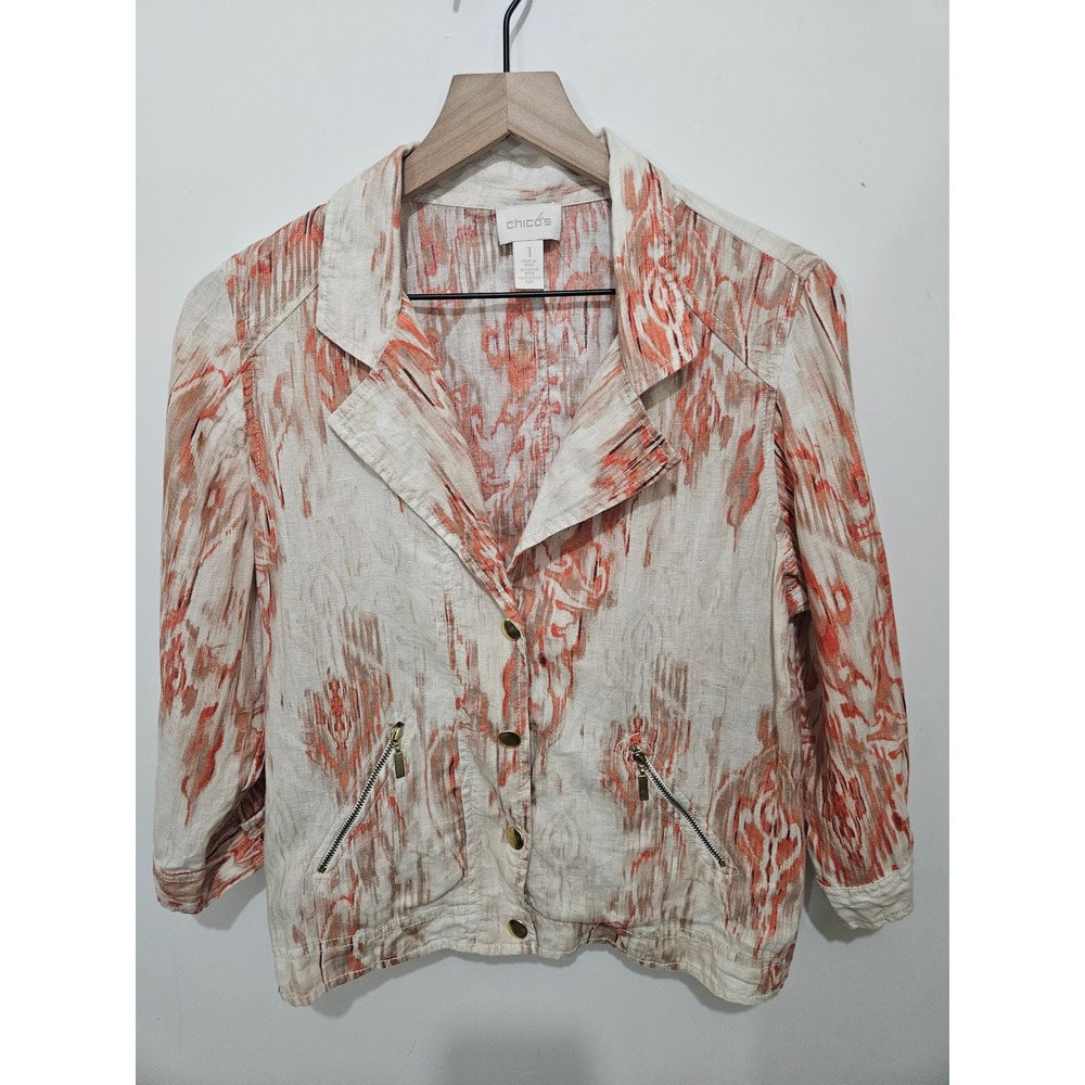 Chicos 100% Linen Ikat Print Jacket Orange Tan Button Front Size 1 M 8